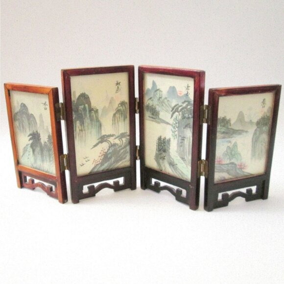 Vintage Miniature Chinese Four Panel Screen Dual Sided Hand Painted Signed 6.5" - Picture 2 of 13